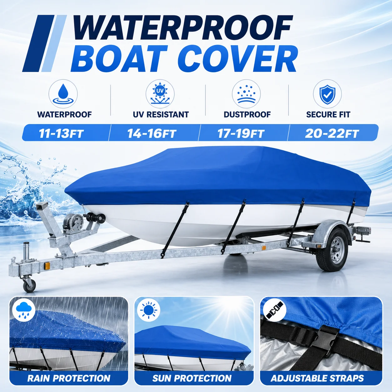 Waterproof Boat Cover 11-22FT Heavy Duty Trailerable Marine Cover with Adjustable Straps, UV Resistant Dustproof
Waterproof Boat Cover 11-22FT Heavy Duty Trailerable Marine Cover with Adjustable Straps, UV Resistant Dustproof