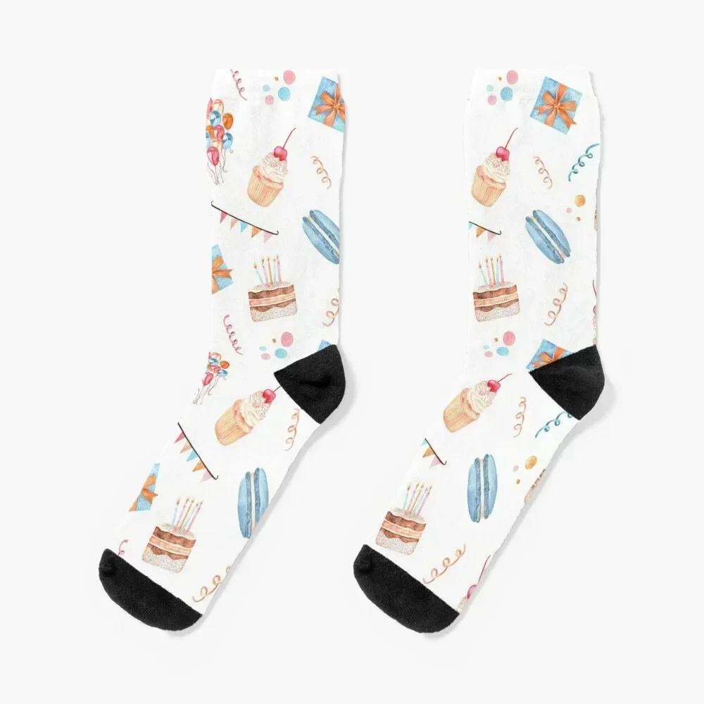 Happy Birthday. Cake with candles, cupcake, balloons, gifts and confetti. Watercolor drawing. Socks
Happy Birthday. Cake with candles, cupcake, balloons, gifts and confetti. Watercolor drawing. Socks