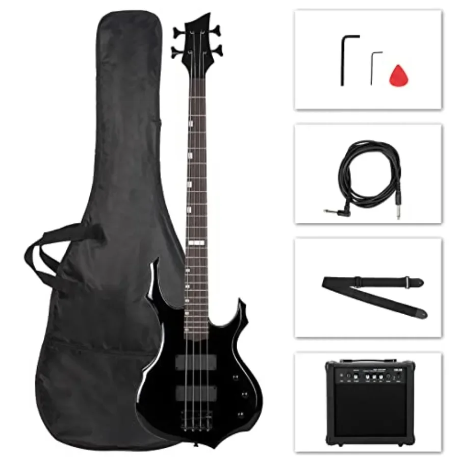 Electric bass guitar full size for practice, flame maple body, black finish, includes 20W amp, portable bag, amp wire, adjustab
Electric bass guitar full size for practice, flame maple body, black finish, includes 20W amp, portable bag, amp wire, adjustab