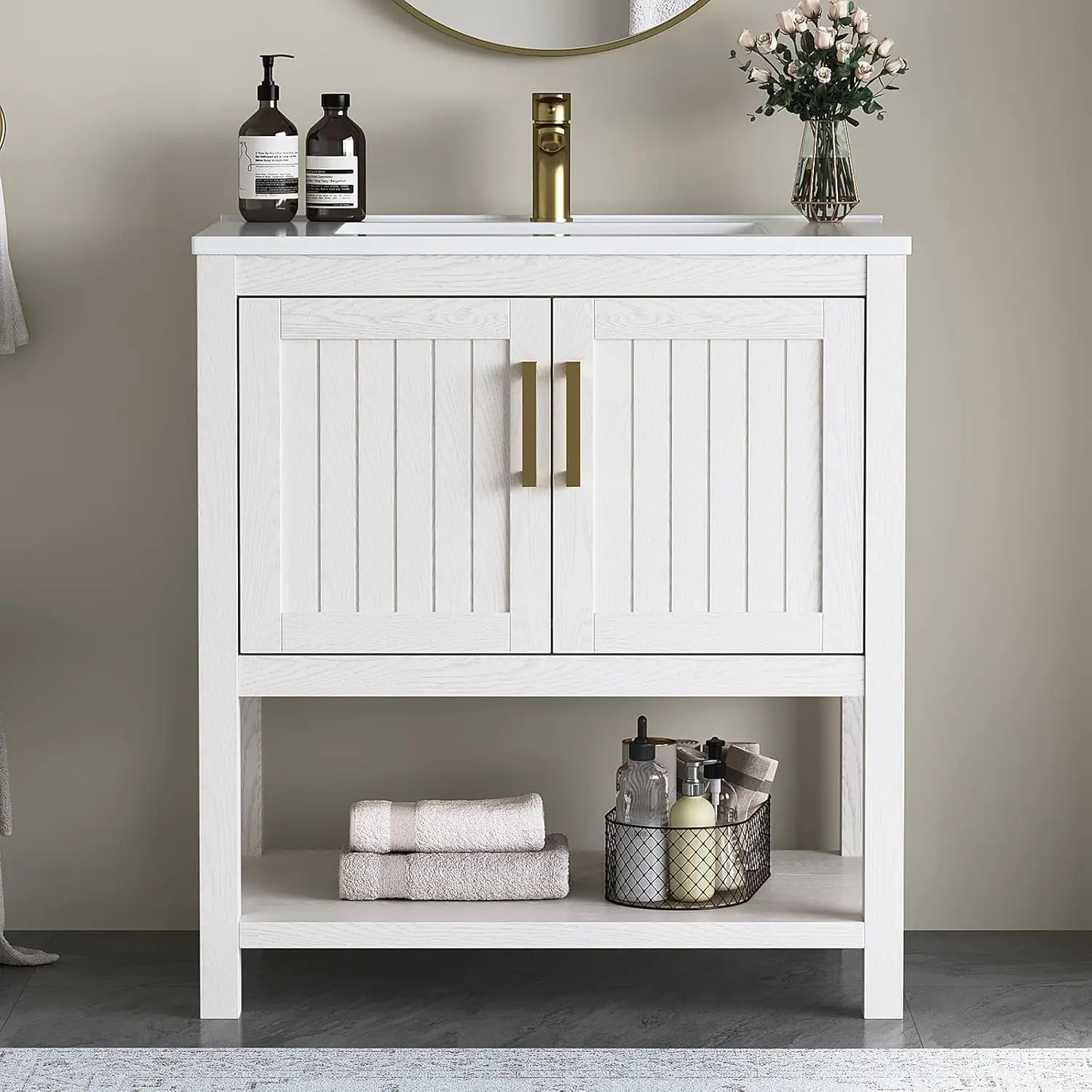 30 Inch Modern Bathroom Vanity with Sink, Freestanding Vanity Cabinet with Soft-Close Door, Open Storage Shelf, Gold, Custom
30 Inch Modern Bathroom Vanity with Sink, Freestanding Vanity Cabinet with Soft-Close Door, Open Storage Shelf, Gold, Custom