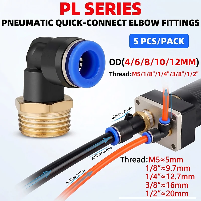 5PCS PL Series Pneumatic Elbow Quick Connectors 4/6/8/10/12mm with 1/8” to 1/2” NPT Thread, Industrial Air Hose Fittings PL6 PL8
5PCS PL Series Pneumatic Elbow Quick Connectors 4/6/8/10/12mm with 1/8” to 1/2” NPT Thread, Industrial Air Hose Fittings PL6 PL8