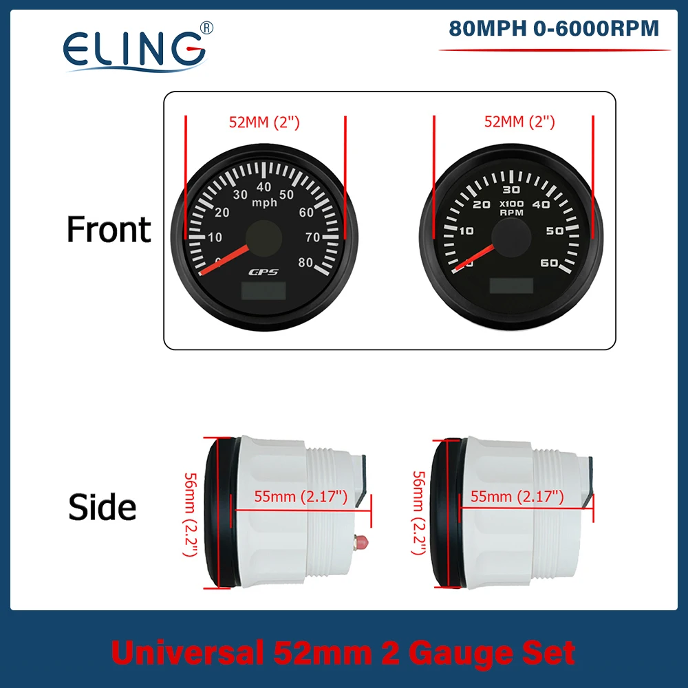 ELING 52mm 2 Gauge Set 30 60 80 120 MPH GPS Speedometer 3K 4K 6K 8K RPM Tachometer with 7 Colors Backlights 12V 24V
ELING 52mm 2 Gauge Set 30 60 80 120 MPH GPS Speedometer 3K 4K 6K 8K RPM Tachometer with 7 Colors Backlights 12V 24V