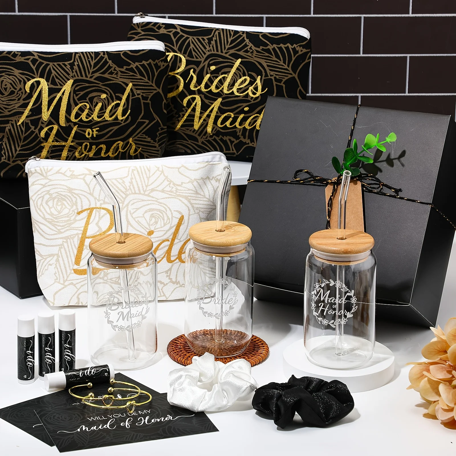 54pcs Bridesmaid Proposal Gifts Include Bridal Shower Wedding Gift Box Makeup Bags Invited Cards Glass Cup Lip Balm Scrunchies Hair Knotted Bracelets For Maid Of Honor(Black, White)
54pcs Bridesmaid Proposal Gifts Include Bridal Shower Wedding Gift Box Makeup Bags Invited Cards Glass Cup Lip Balm Scrunchies Hair Knotted Bracelets For Maid Of Honor(Black, White)