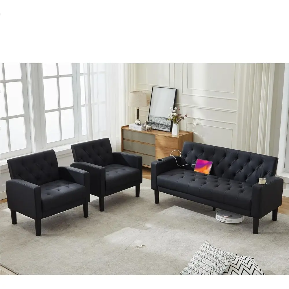Modern Black Leather Loveseat Sofa Set with USB Ports and Cupholders, 3-Piece Living Room Furniture for Small Spaces
Modern Black Leather Loveseat Sofa Set with USB Ports and Cupholders, 3-Piece Living Room Furniture for Small Spaces