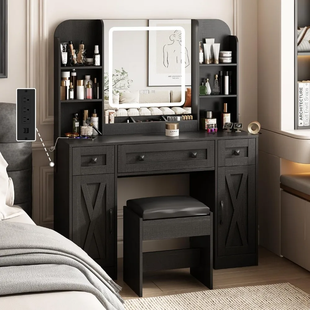 Black Vanity Desk, Vanity Mirror with Lights, Makeup Desk with Stool, Makeup Table with Large Storage Drawers and Shelves, Time
Black Vanity Desk, Vanity Mirror with Lights, Makeup Desk with Stool, Makeup Table with Large Storage Drawers and Shelves, Time