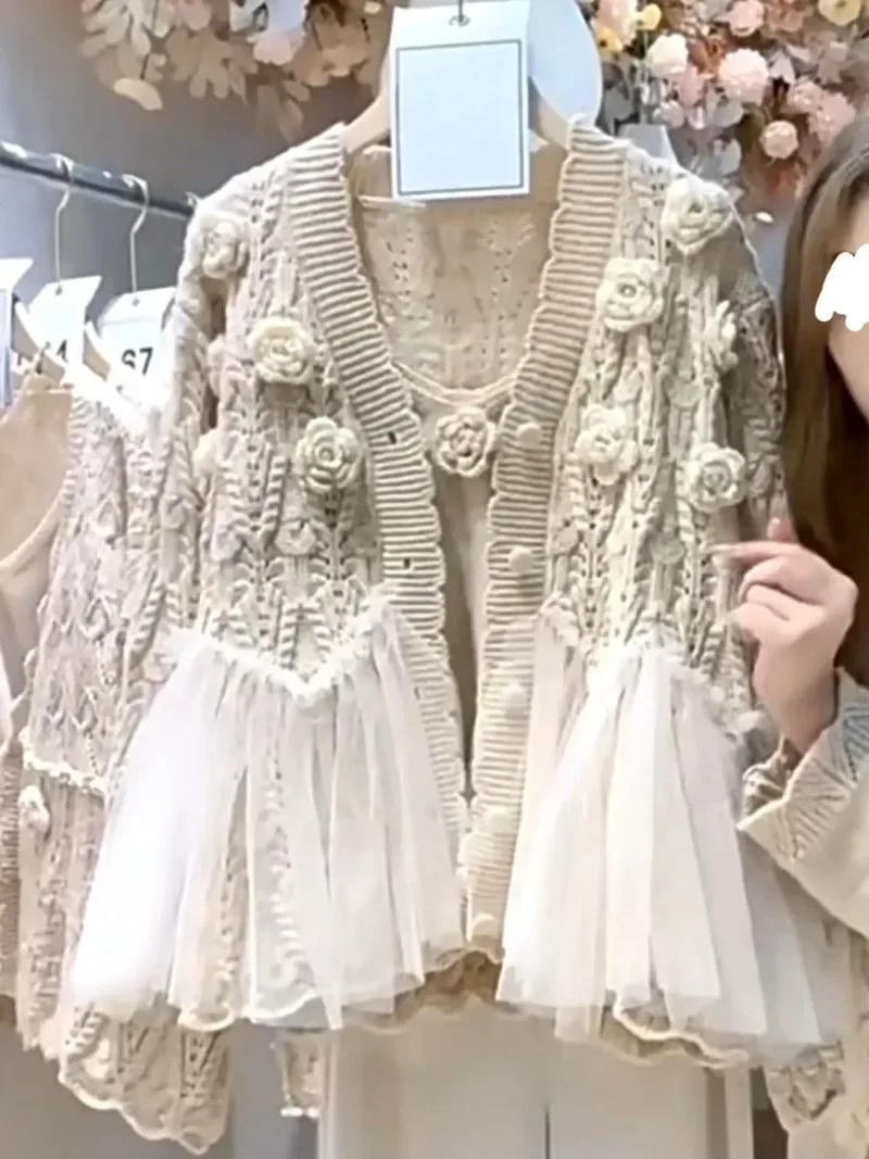 3D Flowers Crocheted Mesh Ruffles Stitching Sweater Coat Gauze Ruched Spliced Hooked Knitted Cardigan Knitwear+Camis 2pcs Q100
3D Flowers Crocheted Mesh Ruffles Stitching Sweater Coat Gauze Ruched Spliced Hooked Knitted Cardigan Knitwear+Camis 2pcs Q100