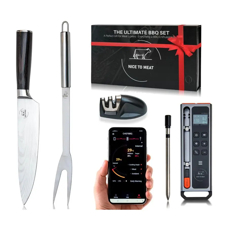 Meat Thermometer Digital BBQ Set, 5.3 Bluetooth and WiFi connectivity 800ft APP Control iOSampAndroid with Chef Knife, Fork, Mea
Meat Thermometer Digital BBQ Set, 5.3 Bluetooth and WiFi connectivity 800ft APP Control iOSampAndroid with Chef Knife, Fork, Mea