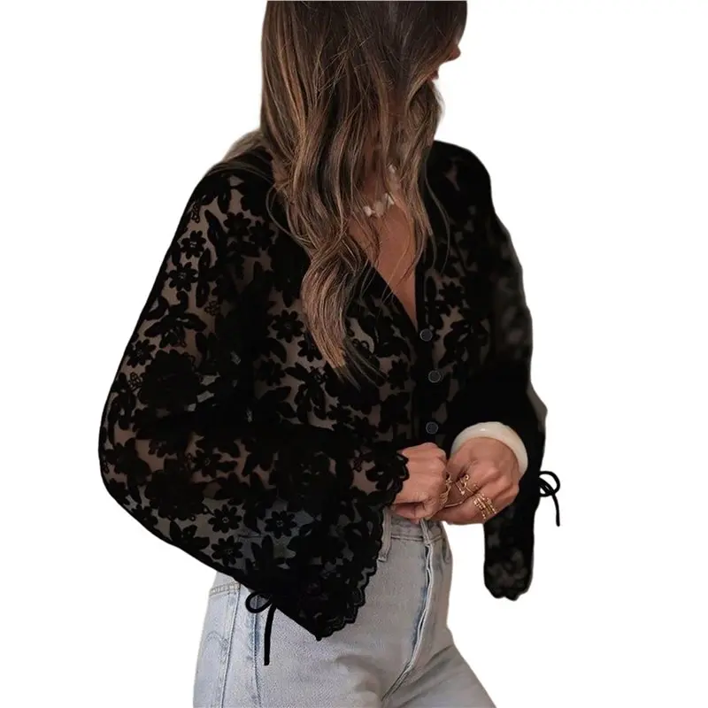 Women's V Neck Floral Lace Tie Cuff Long Sleeve Blouse
Women's V Neck Floral Lace Tie Cuff Long Sleeve Blouse