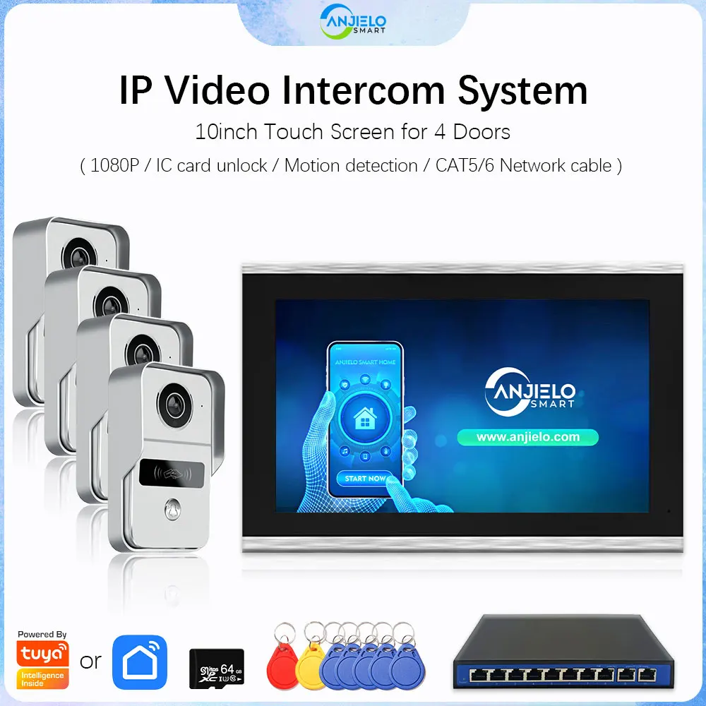 Tuya Smart 1080P Digital IP Video Intercom System with POE Switch for 4 Doors Apartment Home Videophone
Tuya Smart 1080P Digital IP Video Intercom System with POE Switch for 4 Doors Apartment Home Videophone