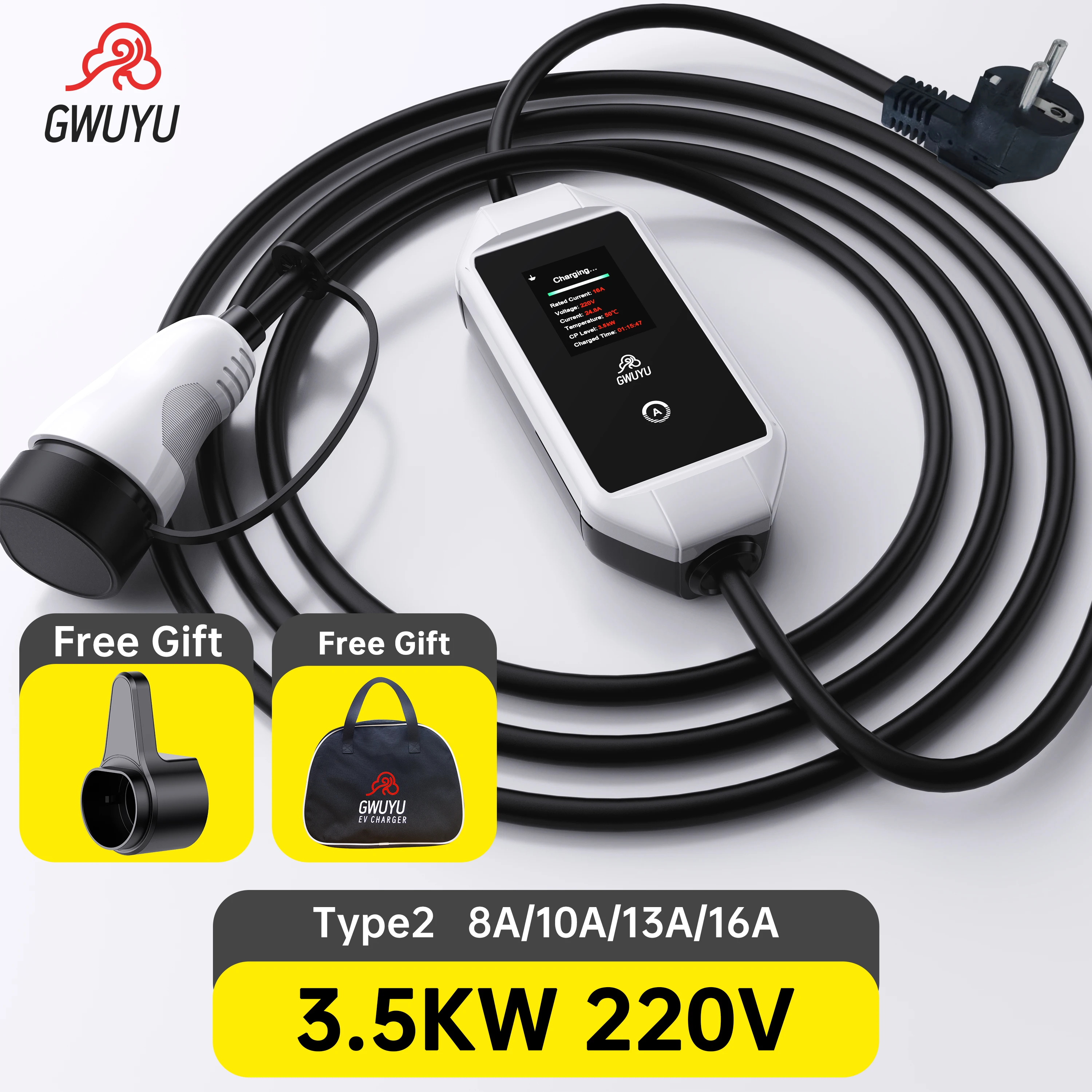 GWUYU M64 Type2 IEC62196-2 16A 3.5KW Portable Charger for Electric Car 5m Cable LED Screen/Light Gun Holder Storage Bag Gift
GWUYU M64 Type2 IEC62196-2 16A 3.5KW Portable Charger for Electric Car 5m Cable LED Screen/Light Gun Holder Storage Bag Gift