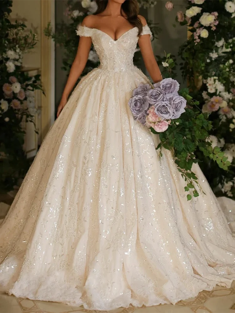 Luxury Off Shoulder Sequined Sleeveless A-Line Bride Wedding Dresses Bridal Gowns Customized
Luxury Off Shoulder Sequined Sleeveless A-Line Bride Wedding Dresses Bridal Gowns Customized