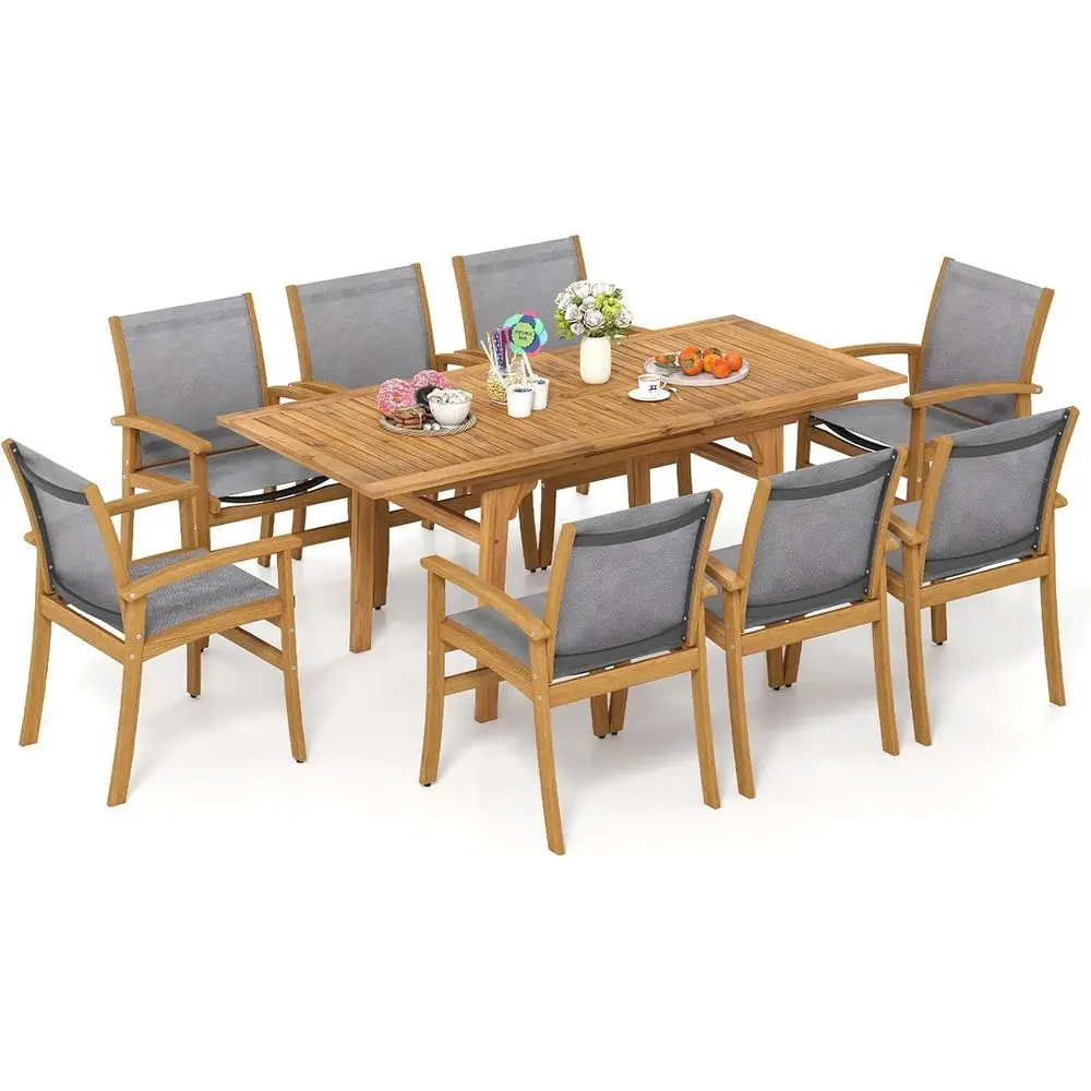 9-Piece Acacia Patio Dining Set with Expandable Table and Breathable Fabric Chairs for Outdoor Living
9-Piece Acacia Patio Dining Set with Expandable Table and Breathable Fabric Chairs for Outdoor Living