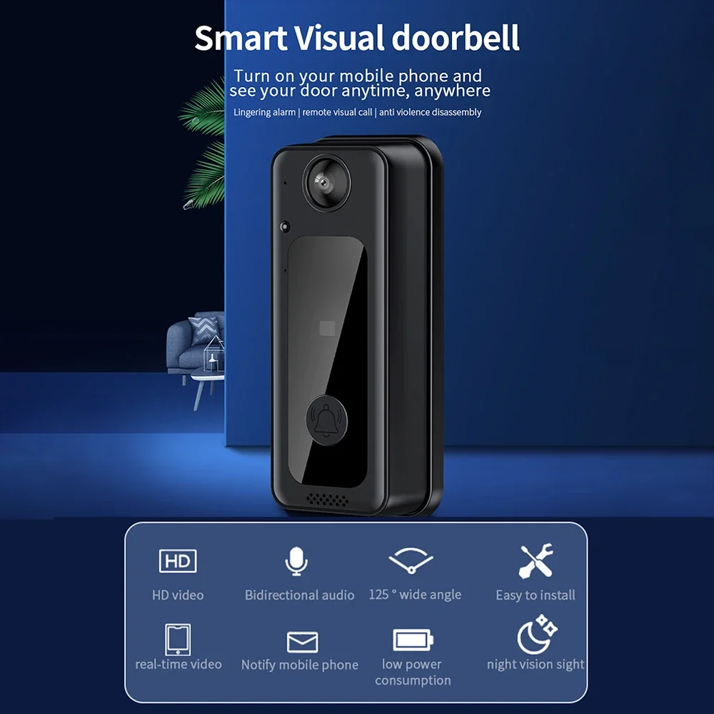 Smart WiFi Doorbell Camera 125° Wide Angle Visual Chime HD Video Night Vision Supports Cloud Storage SD Card
Smart WiFi Doorbell Camera 125° Wide Angle Visual Chime HD Video Night Vision Supports Cloud Storage SD Card
