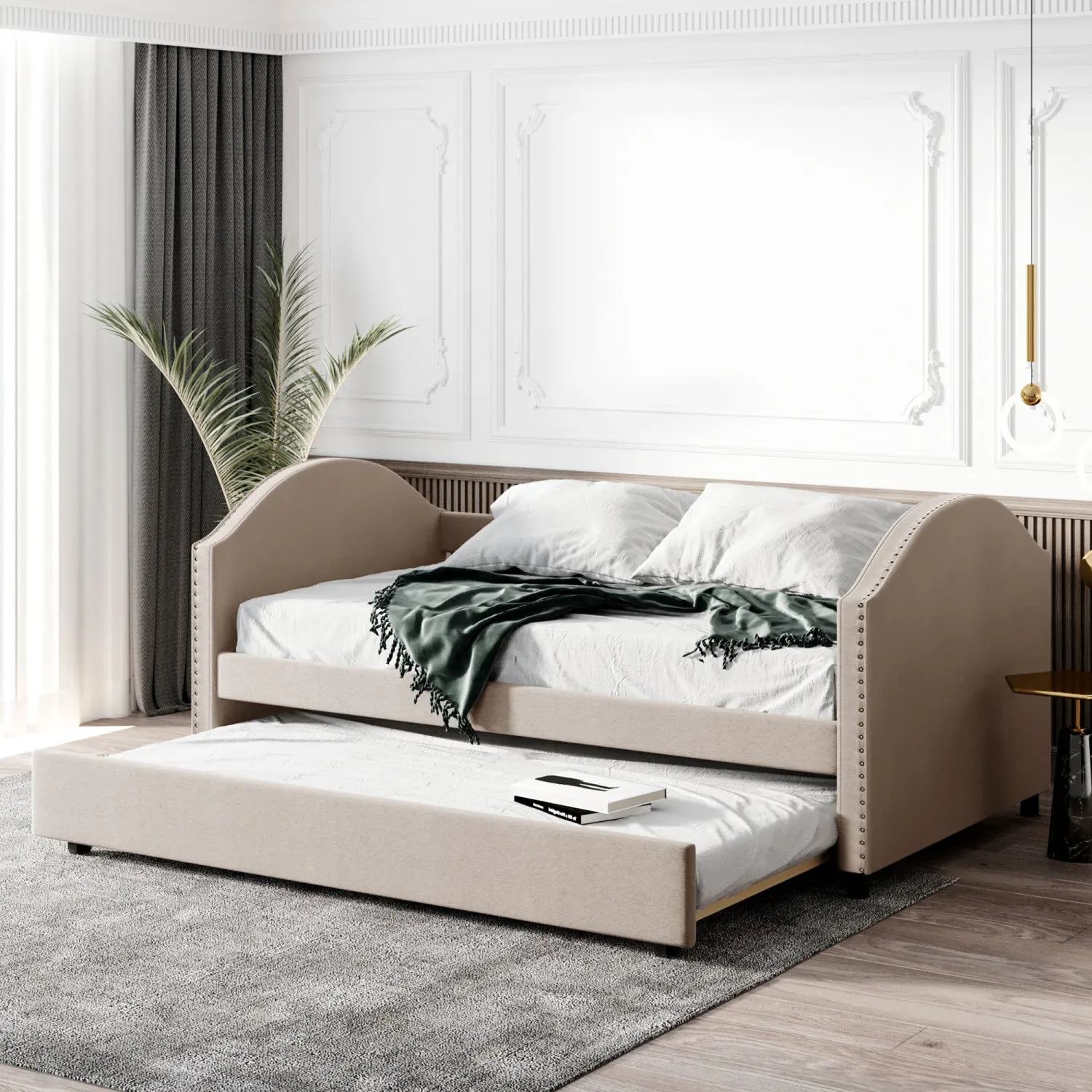 Full size Upholstered Daybed with Twin Size Trundle, Wood Slat Support, Beige(OLD SKU LP000118AAA)
Full size Upholstered Daybed with Twin Size Trundle, Wood Slat Support, Beige(OLD SKU LP000118AAA)
