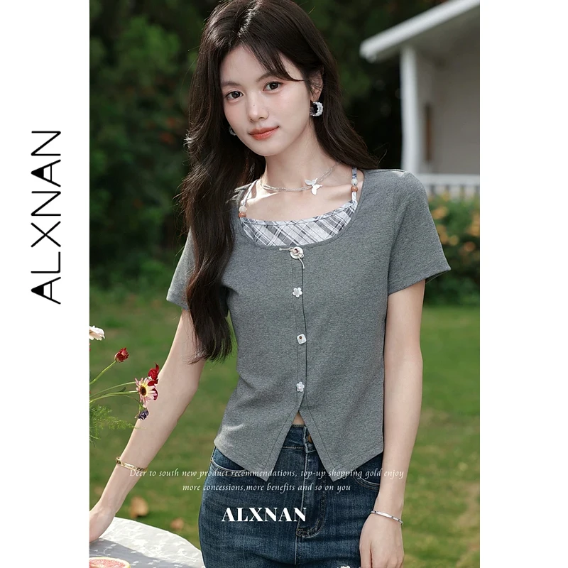 ALXNAN Grey T-shirt Fake Two-piece Women Summer Short Sleeve T-shirts 2026 Elegant Unique Button Split Design Tops Female L65020
ALXNAN Grey T-shirt Fake Two-piece Women Summer Short Sleeve T-shirts 2026 Elegant Unique Button Split Design Tops Female L65020