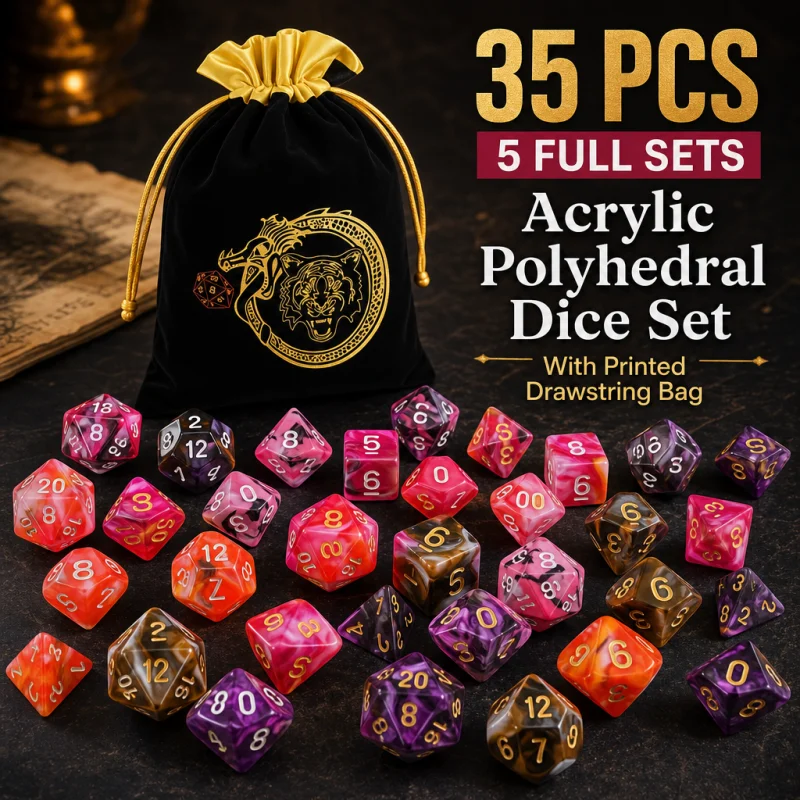 DND 5 Sets 35 pcs Polyhedral Dice with A Creative Pattern Satin-Lined Velvet Bag for DND RPG MTG, Great gift for Halloween
DND 5 Sets 35 pcs Polyhedral Dice with A Creative Pattern Satin-Lined Velvet Bag for DND RPG MTG, Great gift for Halloween