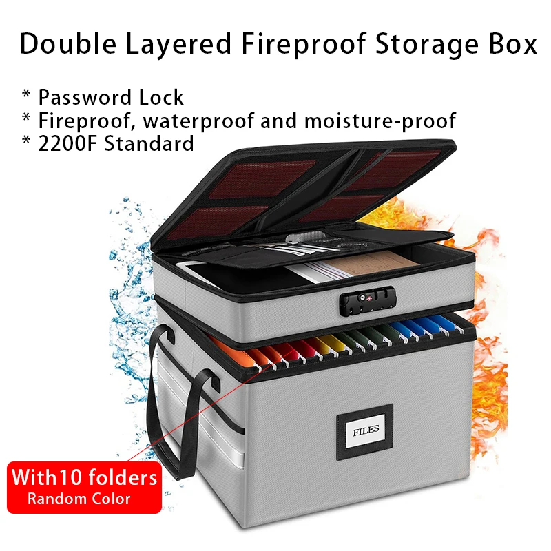 With 10 Folders Black Gray Waterproof Fireproof Document Storage Box with Double-layer Zipper Password Lock, File Storage Box
With 10 Folders Black Gray Waterproof Fireproof Document Storage Box with Double-layer Zipper Password Lock, File Storage Box