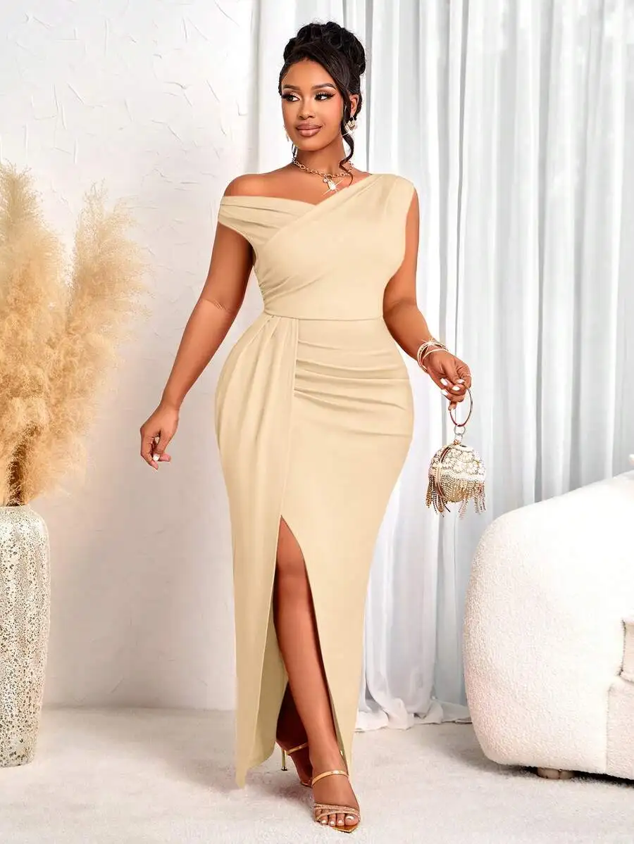 Plus Size Women Elegant Fitted Long Dress Beige Asymmetrical Neck Ruched High Slit Formal Party
Plus Size Women Elegant Fitted Long Dress Beige Asymmetrical Neck Ruched High Slit Formal Party