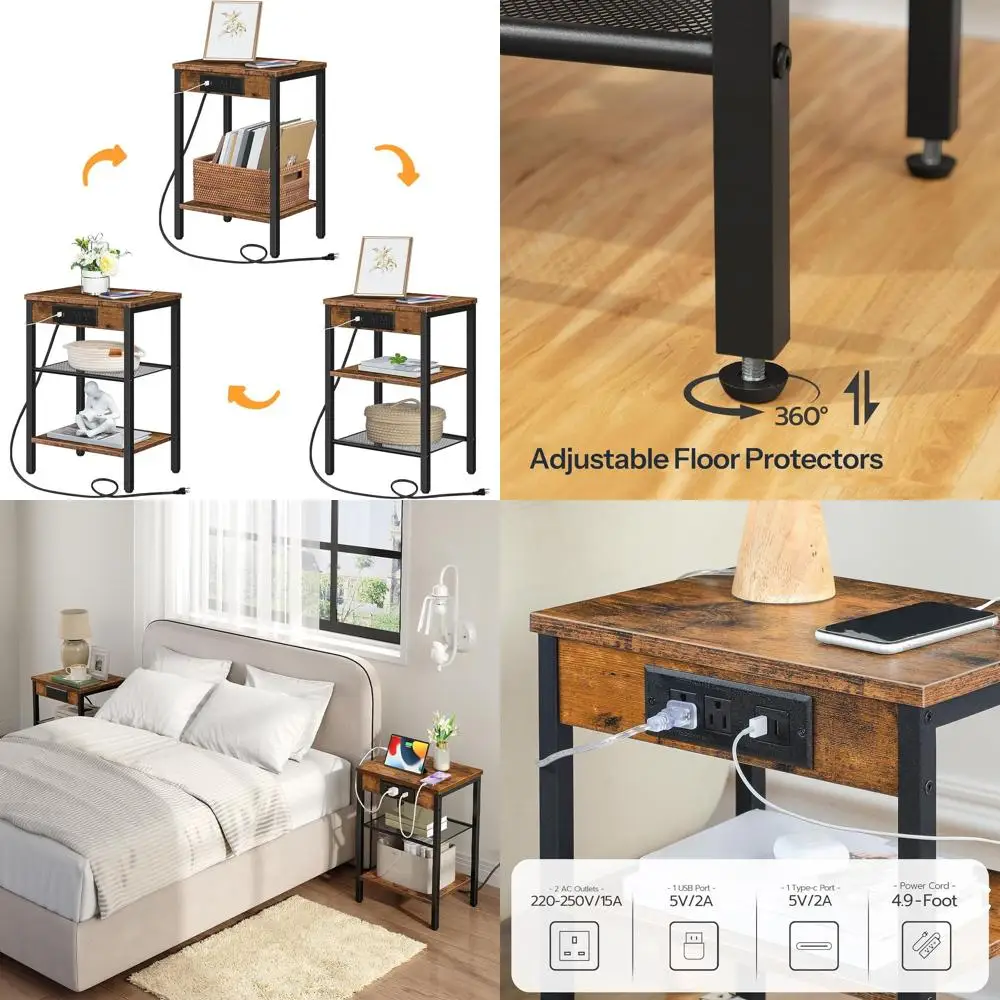 Трехуровневая прикроватная тумбочка в деревенском стиле, коричневая, с зарядной станцией и USB-портом, для небольших помещений
Трехуровневая прикроватная тумбочка в деревенском стиле, коричневая, с зарядной станцией и USB-портом, для небольших помещений