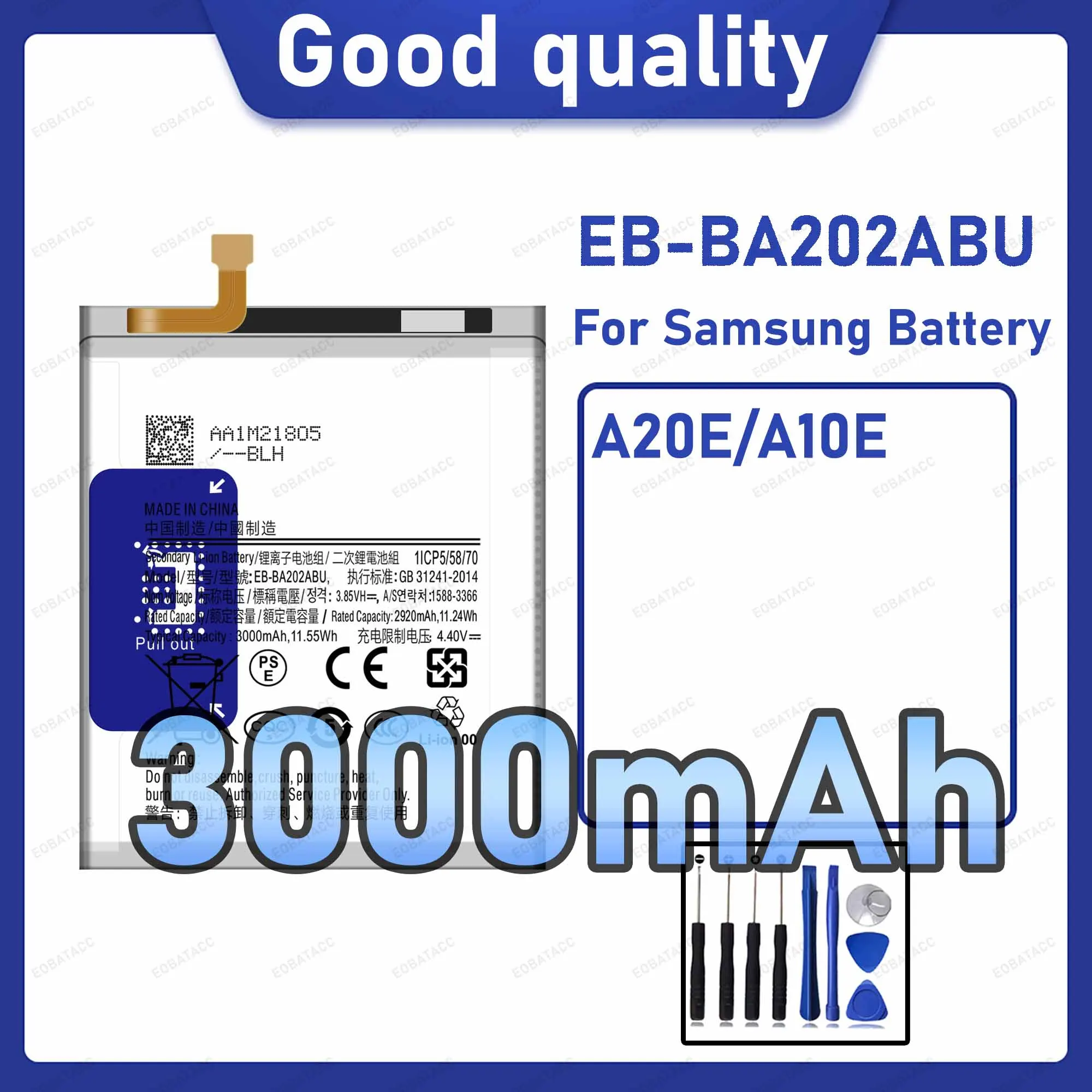 3000mAh EB-BA202ABU Replacement Battery for Samsung Galaxy A20E/A10E with Repair Tools Kit
3000mAh EB-BA202ABU Replacement Battery for Samsung Galaxy A20E/A10E with Repair Tools Kit