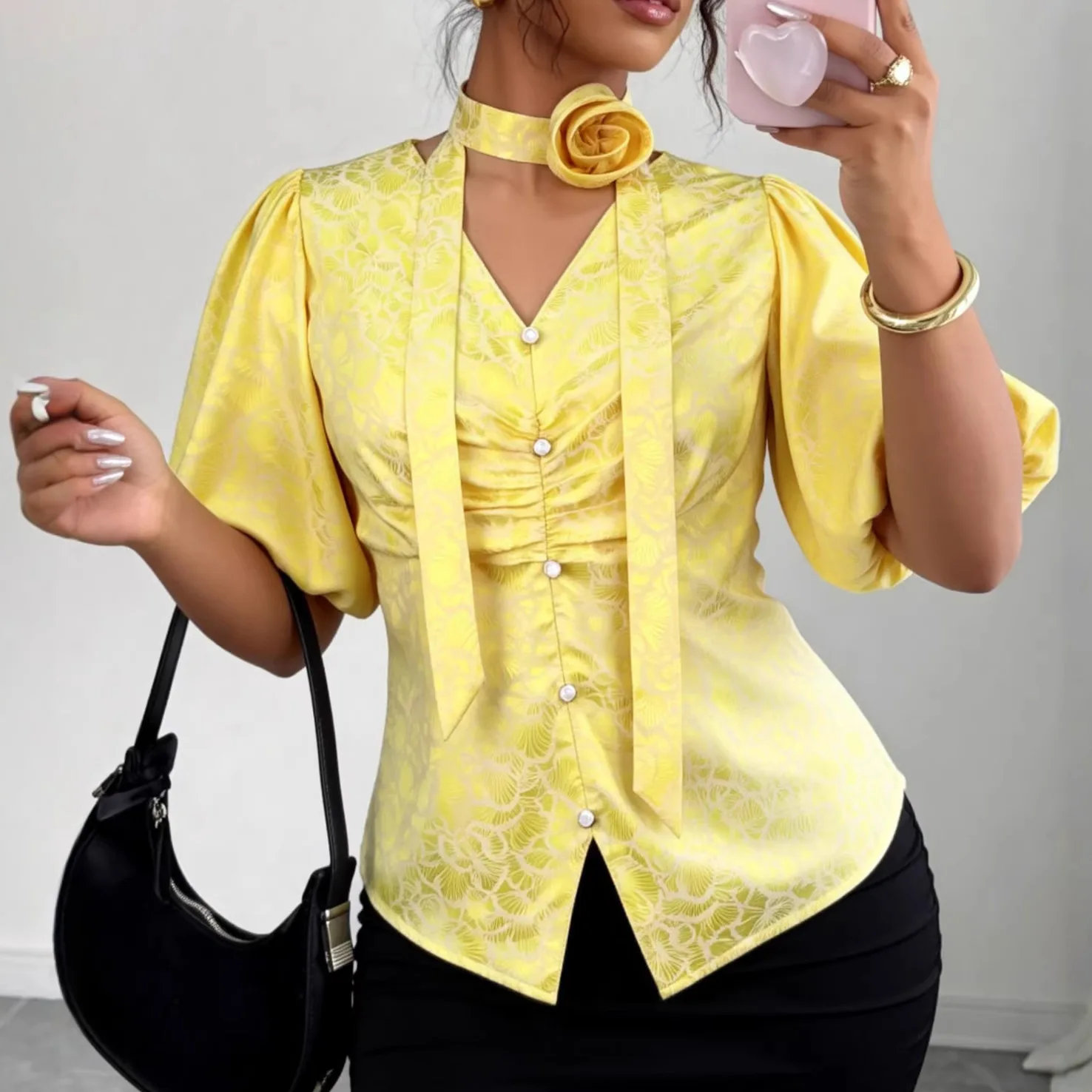 Women Shirt Pleated Solid Blouses 3D Flower Puff Sleeves V Neck Single Breasted Slim Fit Office Lady Casual 2026 Spring Summer
Women Shirt Pleated Solid Blouses 3D Flower Puff Sleeves V Neck Single Breasted Slim Fit Office Lady Casual 2026 Spring Summer