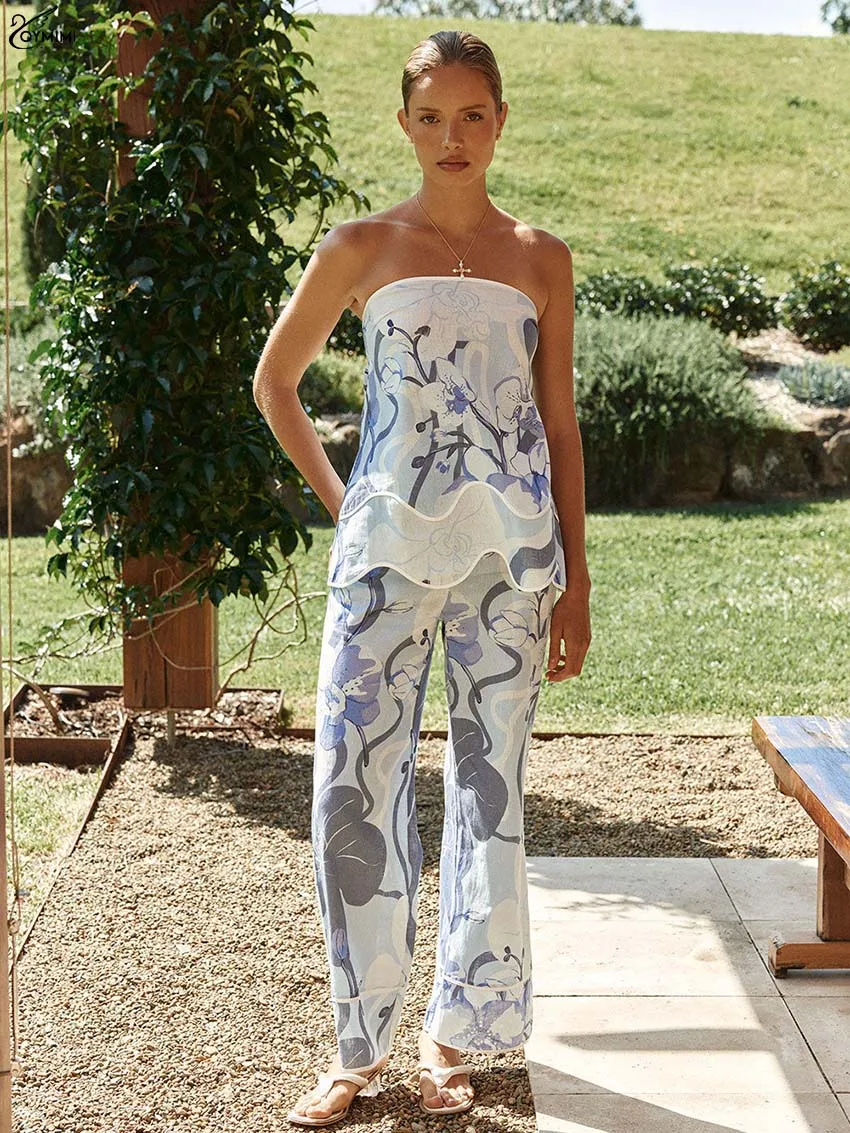 Oymimi Casual Blue Print Women's 2-Piece Sets Fashion Strapless Sleeveless Blouses And High Waisted Straight Trousers Female Set
Oymimi Casual Blue Print Women's 2-Piece Sets Fashion Strapless Sleeveless Blouses And High Waisted Straight Trousers Female Set