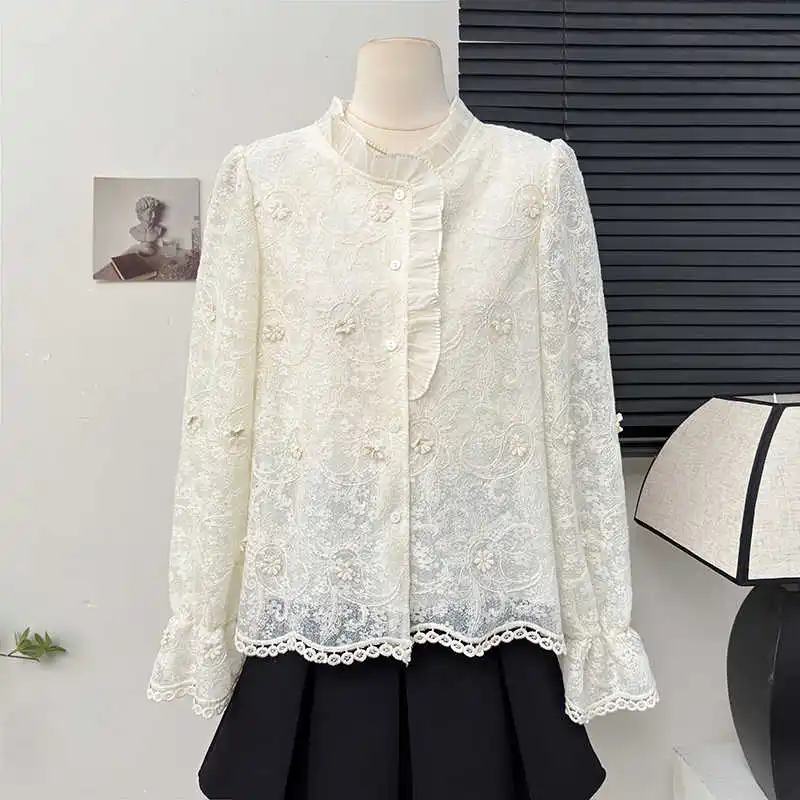 Exquisite Ruffles Lace Blouse Women Spring Summer Long Sleeve Stand Collar Embroidery Floral Shirt Gentle Single Breasted Tops
Exquisite Ruffles Lace Blouse Women Spring Summer Long Sleeve Stand Collar Embroidery Floral Shirt Gentle Single Breasted Tops