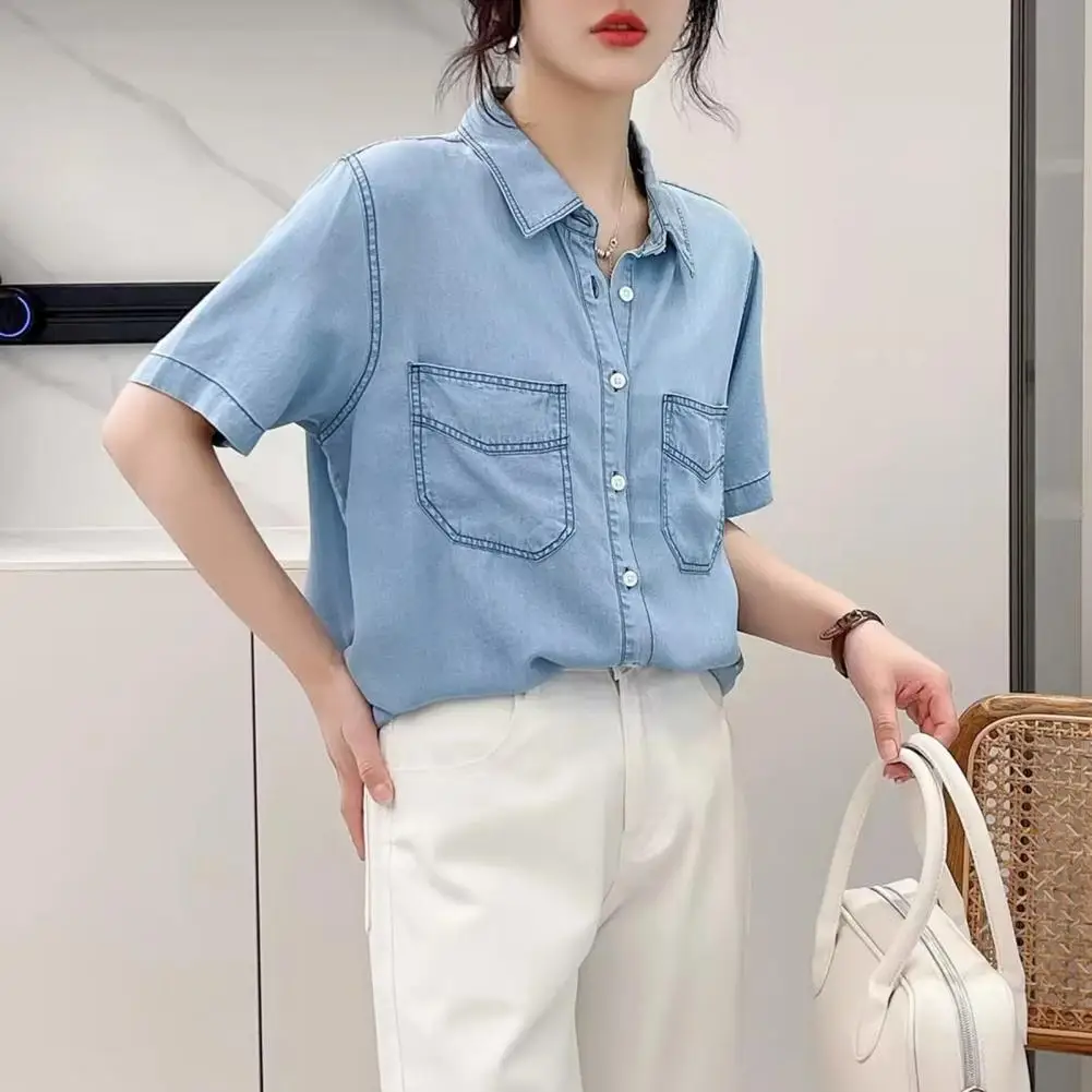 Women Denim Shirt Stylish Women's Denim Shirt Lapel Short Sleeve Multiple Pockets Retro Single Breasted Design Loose Fit Solid
Women Denim Shirt Stylish Women's Denim Shirt Lapel Short Sleeve Multiple Pockets Retro Single Breasted Design Loose Fit Solid