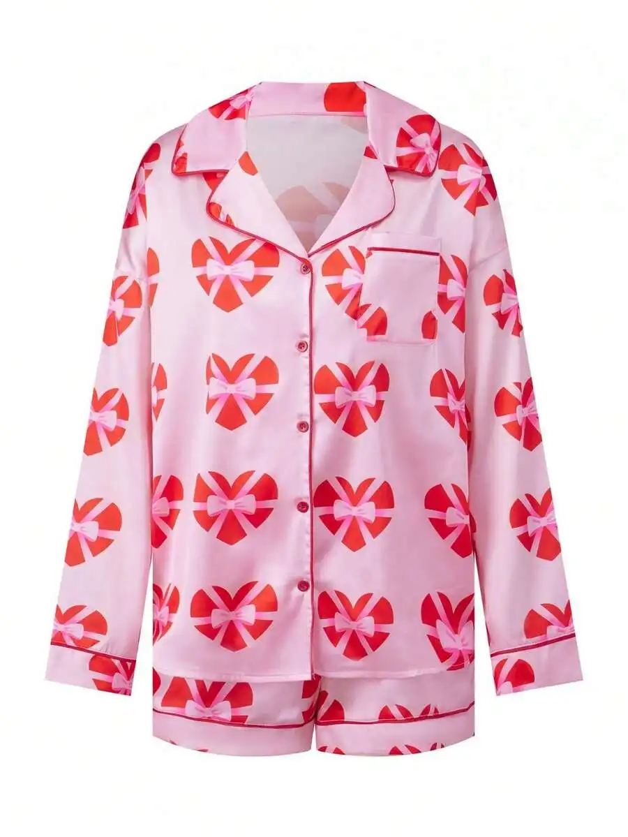 Women Valentine Satin Pajama Set Long Sleeve Button Down Shirt With Heart Bow Print Sleepwear
Women Valentine Satin Pajama Set Long Sleeve Button Down Shirt With Heart Bow Print Sleepwear