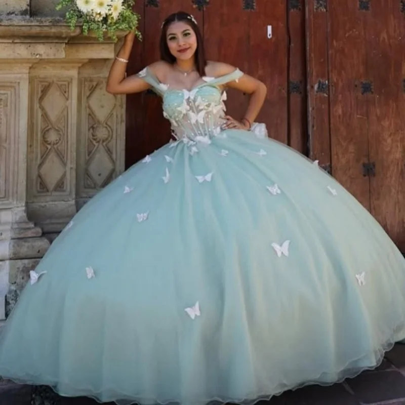 Мятно-зеленые платья Quinceanera по индивидуальному заказу с открытыми плечами и аппликацией в виде бабочки, кружевное платье с длинным хвостом и бантом, Vestido 15, Quinceanera
Мятно-зеленые платья Quinceanera по индивидуальному заказу с открытыми плечами и аппликацией в виде бабочки, кружевное платье с длинным хвостом и бантом, Vestido 15, Quinceanera