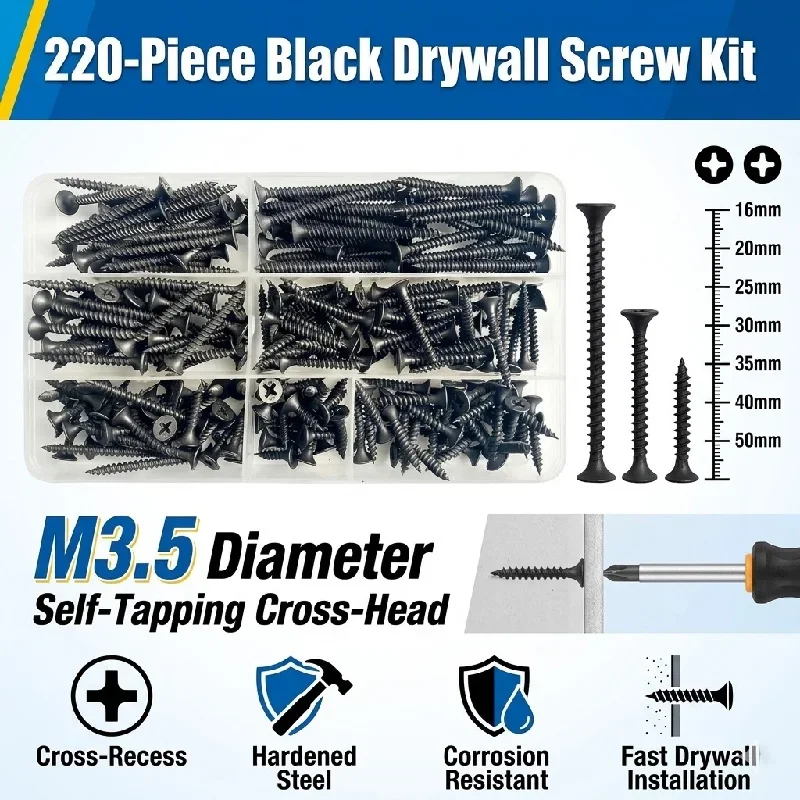 220Pcs Black M3.5 Carbon Steel Self Tapping Screws Set Cross Countersunk Head Wood Drywall Screw Kit 16/20/25/30/35/40/50mm
220Pcs Black M3.5 Carbon Steel Self Tapping Screws Set Cross Countersunk Head Wood Drywall Screw Kit 16/20/25/30/35/40/50mm