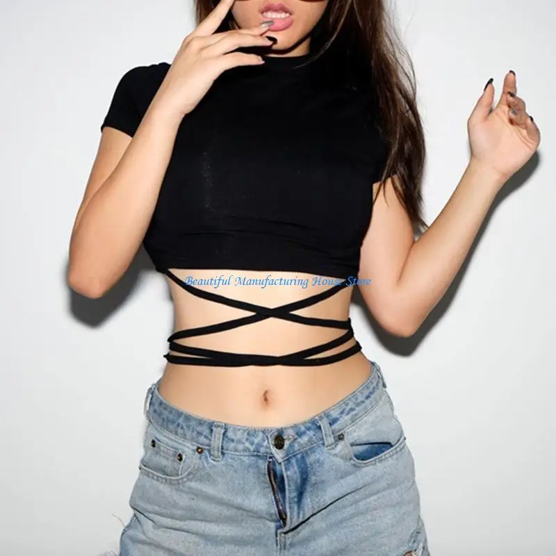 E56A Women Summer Short Sleeve Mock Neck T-Shirt Harajuku Lace-Up Bandage Black Crop Top Bodycon Fit Blouse
E56A Women Summer Short Sleeve Mock Neck T-Shirt Harajuku Lace-Up Bandage Black Crop Top Bodycon Fit Blouse