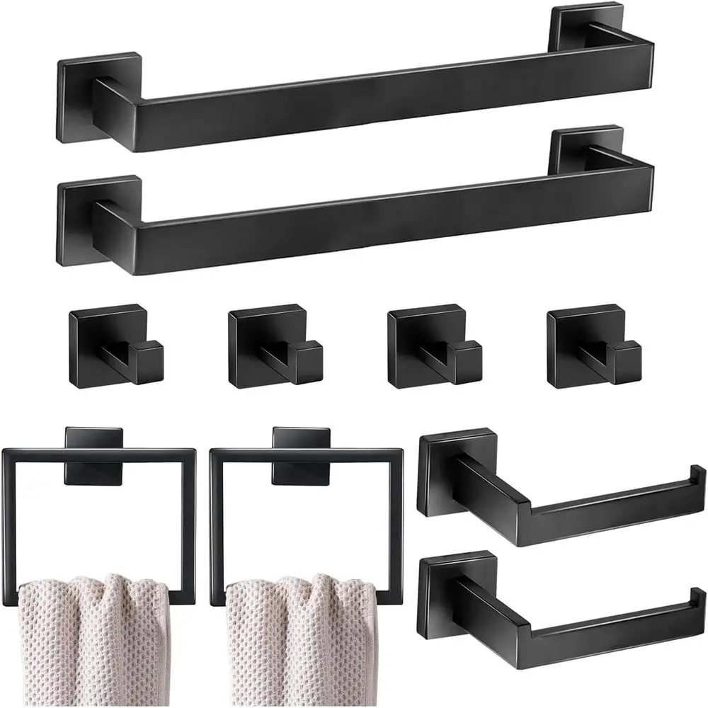 16 Inch Matte Black Wall-Mounted Towel Bar Set with Rings, Rack, and Toilet Paper Holder
16 Inch Matte Black Wall-Mounted Towel Bar Set with Rings, Rack, and Toilet Paper Holder
