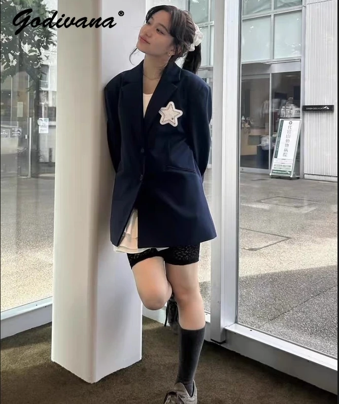 Japanese Style Navy Blue Blazer Suit Coat 2026 Spring and Autumn New Star Flocking Casual Jacket Blazer for Women
Japanese Style Navy Blue Blazer Suit Coat 2026 Spring and Autumn New Star Flocking Casual Jacket Blazer for Women