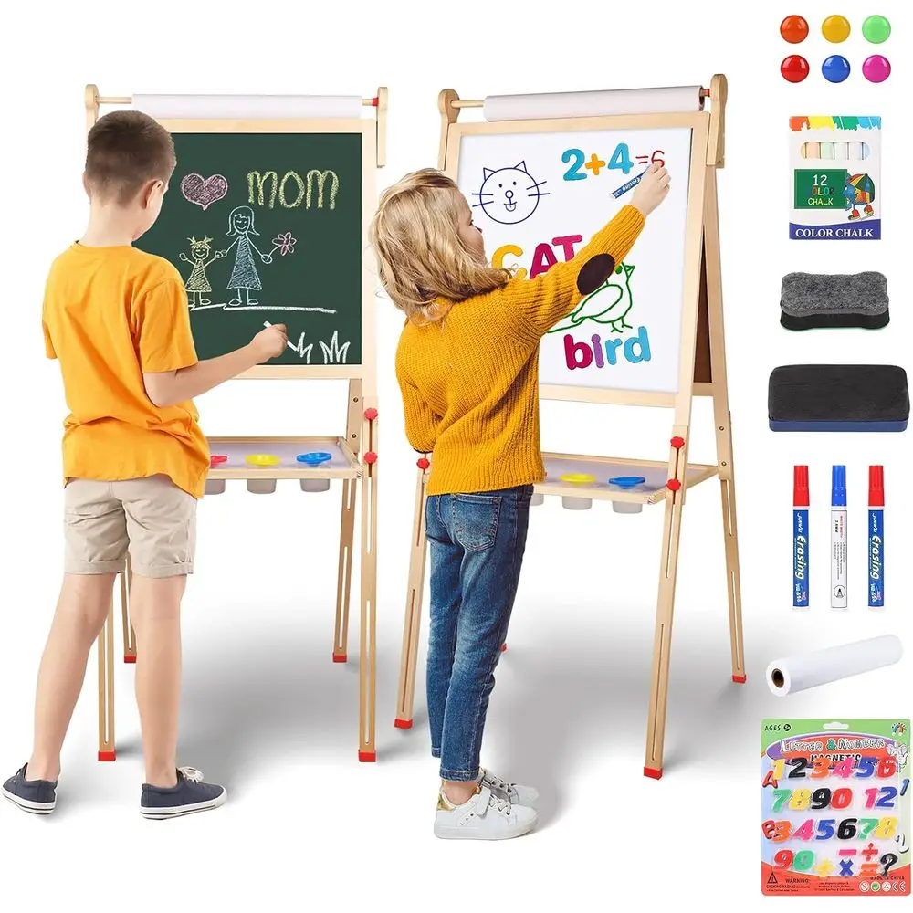 Wooden Art Easel with Double-Sided Magnetic Whiteboard, Chalkboard, and Adjustable Height for Kids
Wooden Art Easel with Double-Sided Magnetic Whiteboard, Chalkboard, and Adjustable Height for Kids