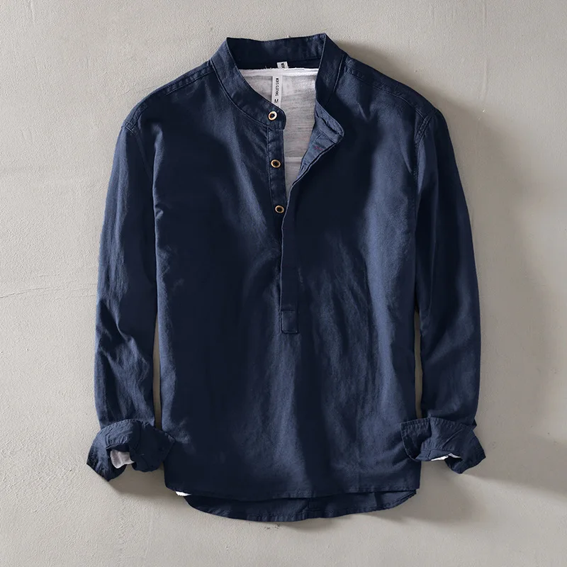 Solid color stand collar pullover long-sleeve cotton linen casual shirt (75% cotton, 25% linen)
Solid color stand collar pullover long-sleeve cotton linen casual shirt (75% cotton, 25% linen)