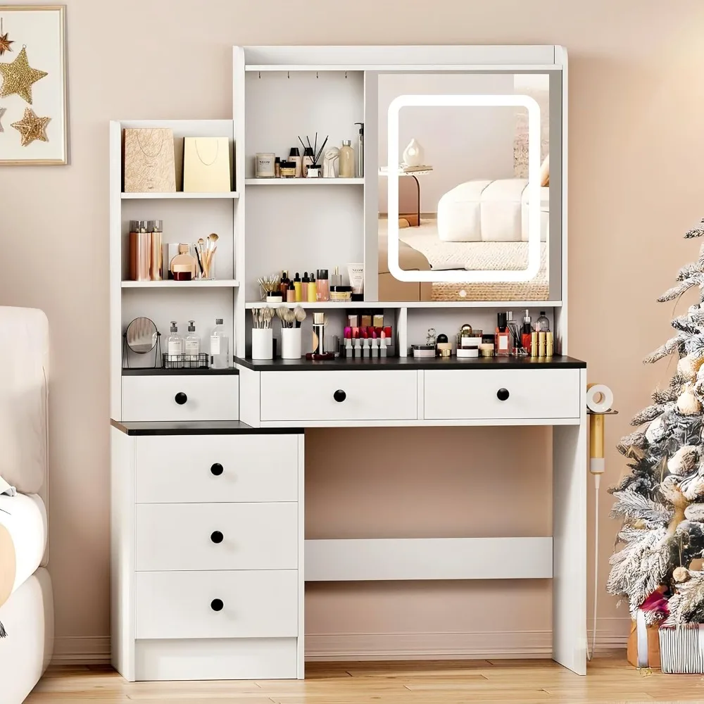 Farmhouse Vanity Desk with Sliding Mirror and LED Lights, Vanity Table with 6 Drawers & Multi-Tier Storage Rack, Rustic Dressing
Farmhouse Vanity Desk with Sliding Mirror and LED Lights, Vanity Table with 6 Drawers & Multi-Tier Storage Rack, Rustic Dressing
