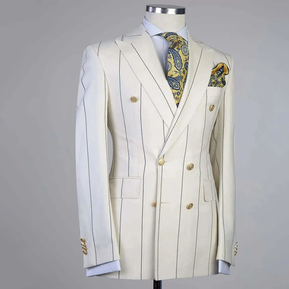 Luxury Men's Suits Beige Striped 2 Pieces Jacket Pants Double Breasted Blazers Sets Smart Male Banquet Office Party Clothing
Luxury Men's Suits Beige Striped 2 Pieces Jacket Pants Double Breasted Blazers Sets Smart Male Banquet Office Party Clothing