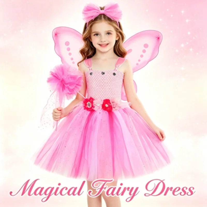 Shiny Pink Flower Fairy Princess Dress for Kids, Cute Elf Costume with Butterfly Wings, Halloween Stage Performance Outfit
Shiny Pink Flower Fairy Princess Dress for Kids, Cute Elf Costume with Butterfly Wings, Halloween Stage Performance Outfit