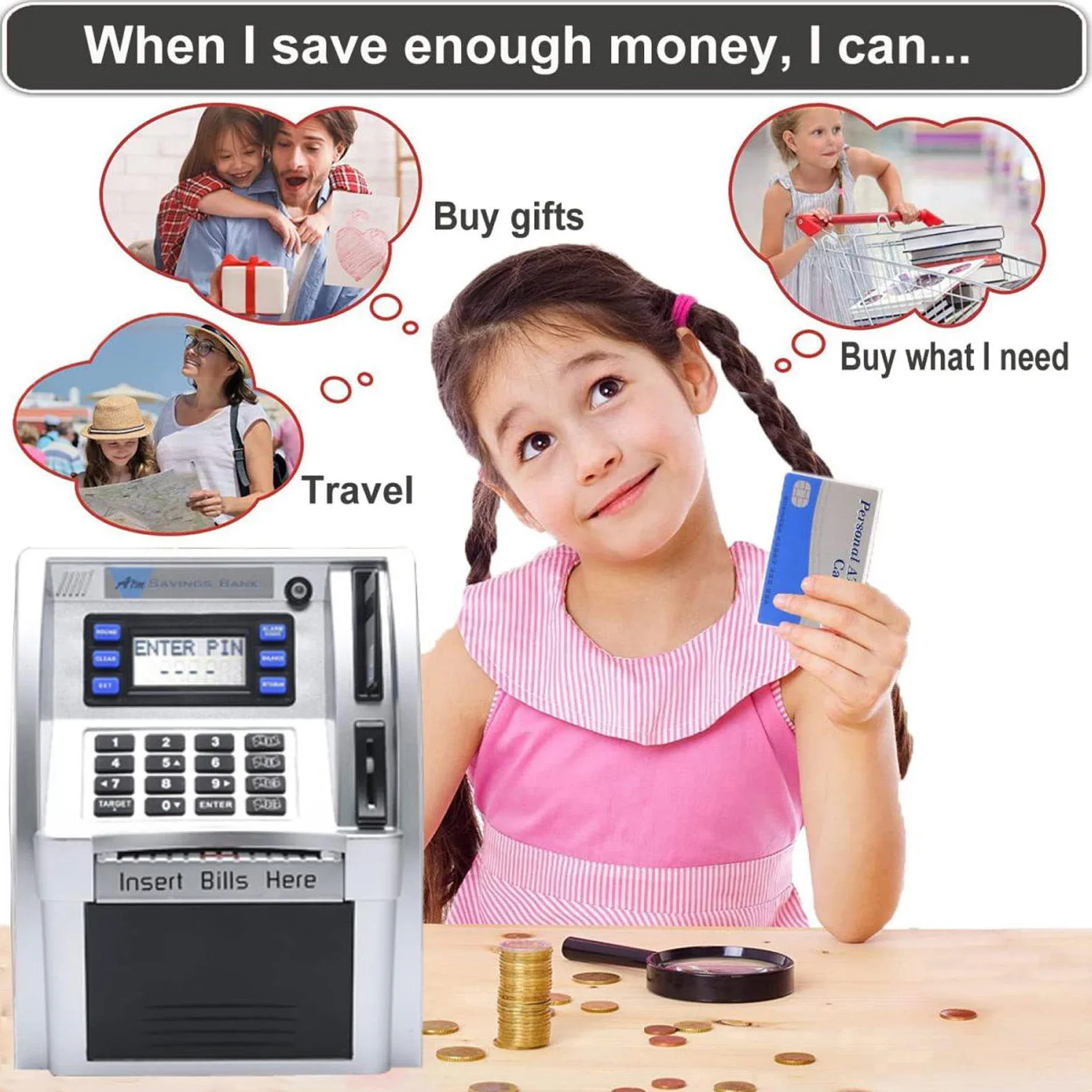 Electronic ATM Piggy Bank Password Cash Can Self Rolling Bill Cash Saving Box with LCD Screen Piggy Bank for Kids
Electronic ATM Piggy Bank Password Cash Can Self Rolling Bill Cash Saving Box with LCD Screen Piggy Bank for Kids