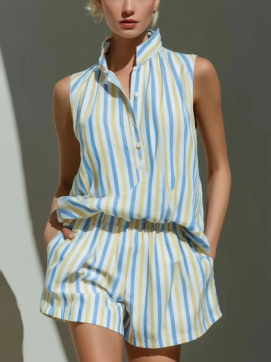 2026 New Women's Fashion Sleeveless Stand Collar Striped Vest Shorts 2 piece Set Summer New Casual Pocket Holiday Shorts Suit
2026 New Women's Fashion Sleeveless Stand Collar Striped Vest Shorts 2 piece Set Summer New Casual Pocket Holiday Shorts Suit