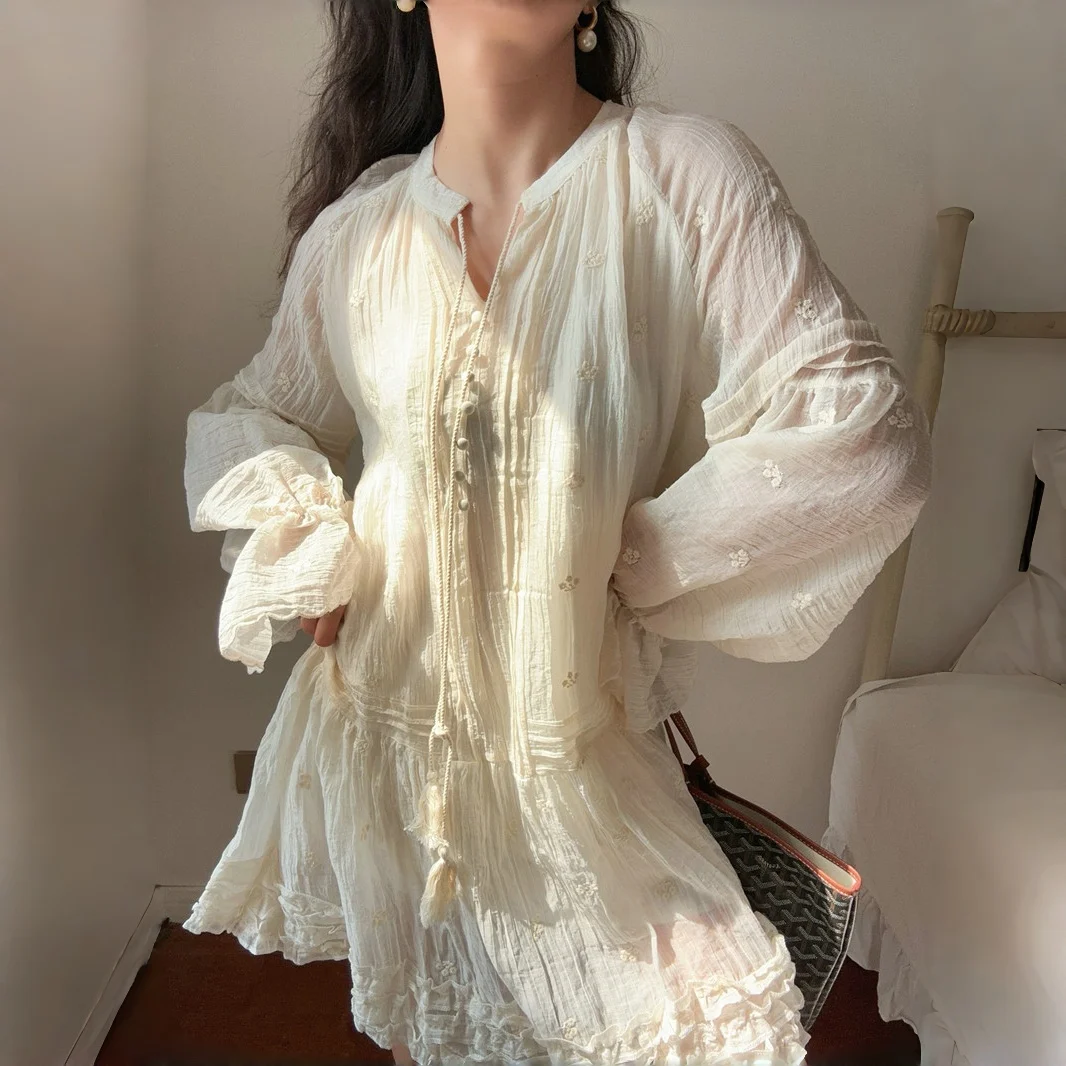 Cream Floral Embroidery Romantic Bohemian Mini Dresses women Lightweight Tassel Tie Tiered Hem Ruffles Long Sleeves Dress Robe
Cream Floral Embroidery Romantic Bohemian Mini Dresses women Lightweight Tassel Tie Tiered Hem Ruffles Long Sleeves Dress Robe