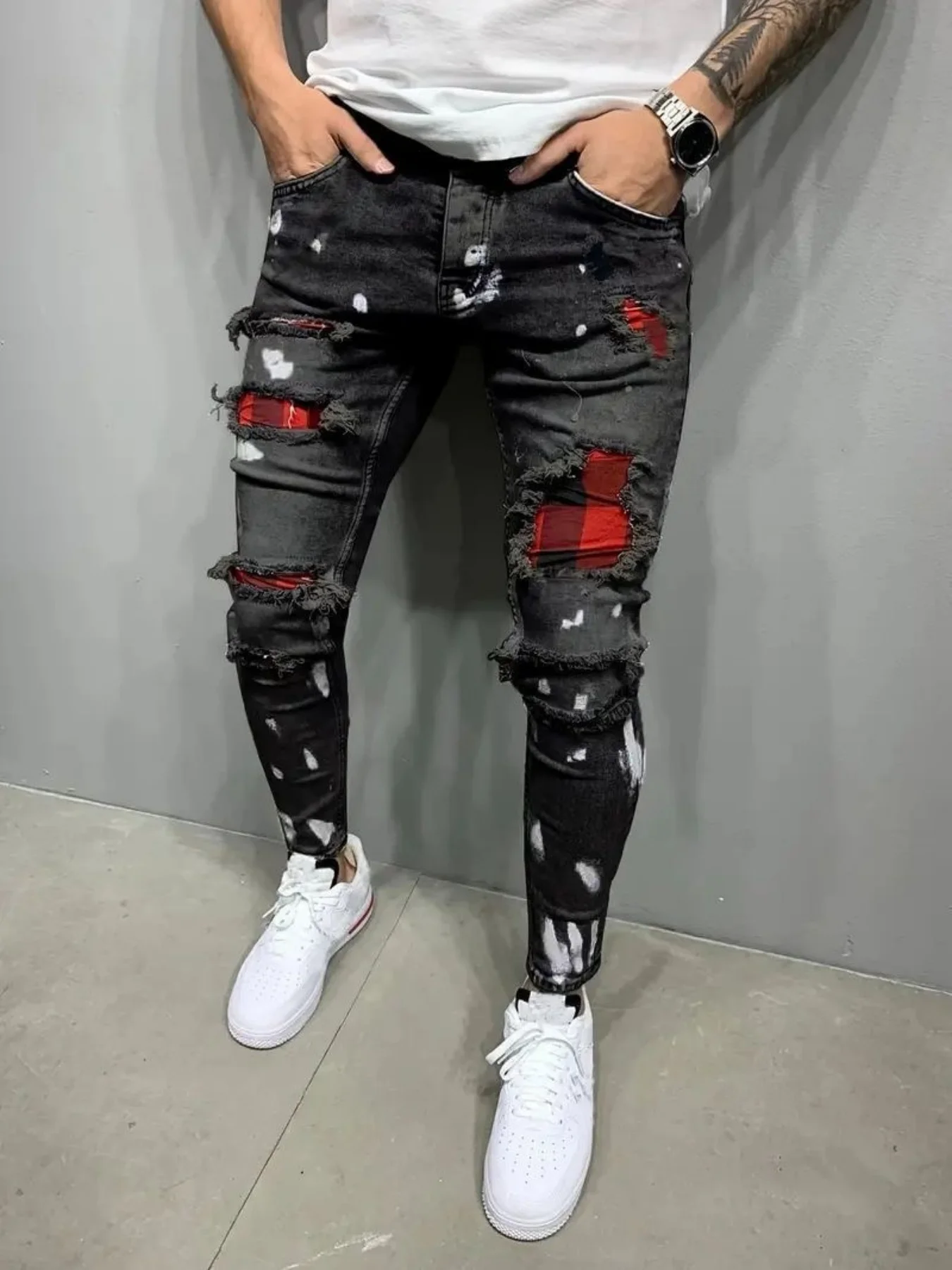 Men's Jeans Distressed Black Ripped Patchwork Denim Slim Fit Stretchy Tapered Long Pants Man Pants Streetwear High Waist
Men's Jeans Distressed Black Ripped Patchwork Denim Slim Fit Stretchy Tapered Long Pants Man Pants Streetwear High Waist