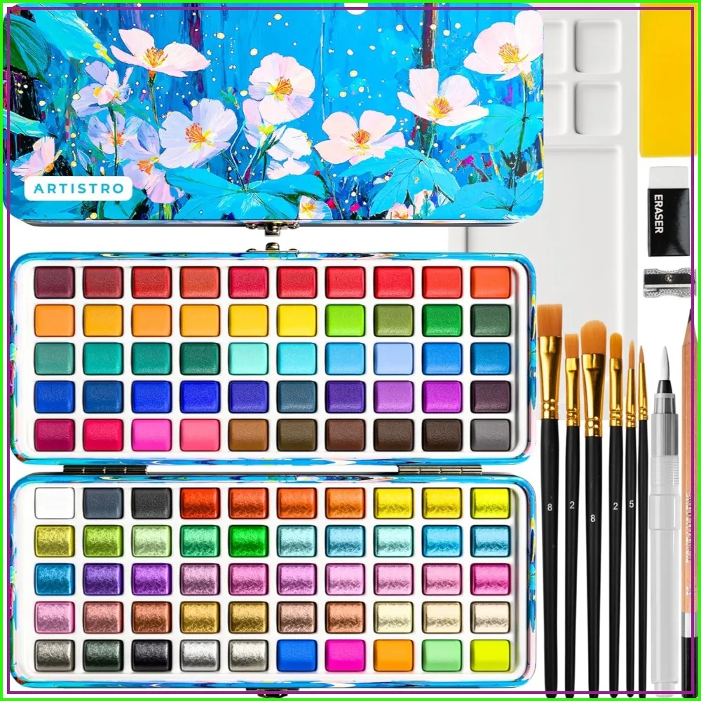 100 Color Watercolor Paint Set - Portable Art Kit with Palette & Brush Pens - Travel Water Color for Adults, Kids, Professionals
100 Color Watercolor Paint Set - Portable Art Kit with Palette & Brush Pens - Travel Water Color for Adults, Kids, Professionals
