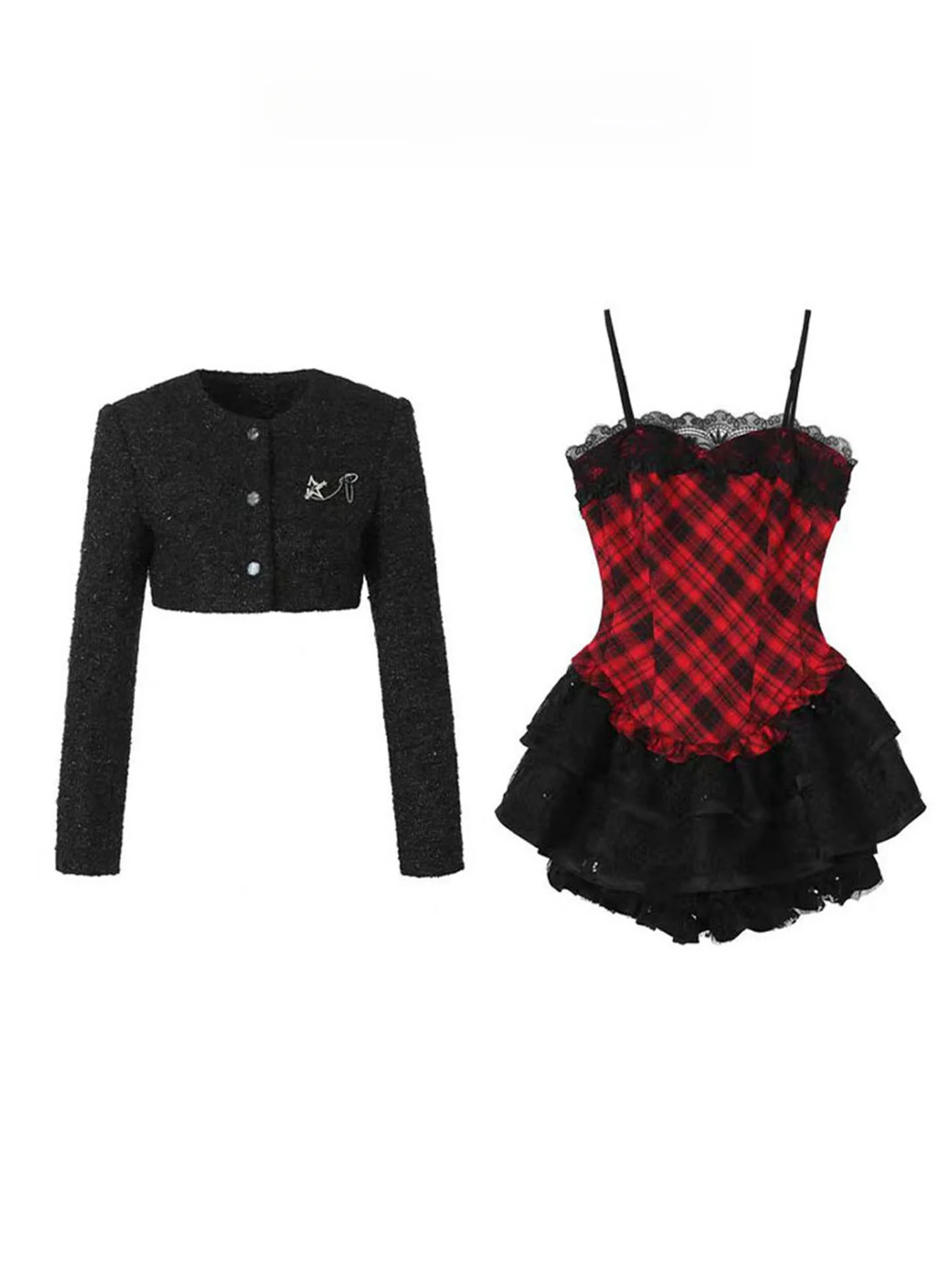 Red And Black Plaid Puffy Sleeve Dress Set Women's Short Lace Crop Top And Skirt Outfit Autumn Fashion Commute Style Teenage
Red And Black Plaid Puffy Sleeve Dress Set Women's Short Lace Crop Top And Skirt Outfit Autumn Fashion Commute Style Teenage