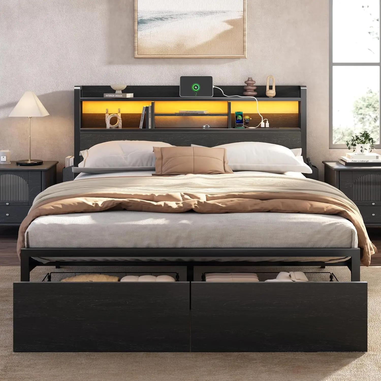 Queen Bed Frame with Wood Headboard and Storage Shelf, Metal Platform Bed Frame Queen Size with Storage Drawers, LED Lights and
Queen Bed Frame with Wood Headboard and Storage Shelf, Metal Platform Bed Frame Queen Size with Storage Drawers, LED Lights and