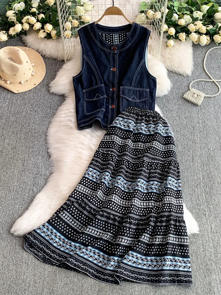 Ele Single Button Design Double ket Denim Vest Top Set High Waist Printed Skirt Faionable Women's Two-Piece Suit
Ele Single Button Design Double ket Denim Vest Top Set High Waist Printed Skirt Faionable Women's Two-Piece Suit