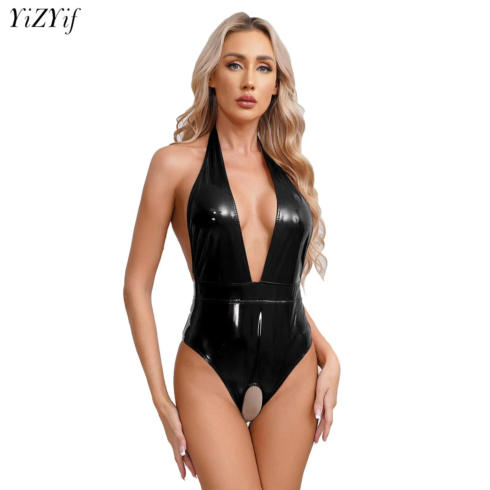 Womens Wet Look Patent Leather Bodysuit Halter Deep V Neck Crotchless Leotard Backless Sleeveless Catsuit Lingerie Nightwear
Womens Wet Look Patent Leather Bodysuit Halter Deep V Neck Crotchless Leotard Backless Sleeveless Catsuit Lingerie Nightwear