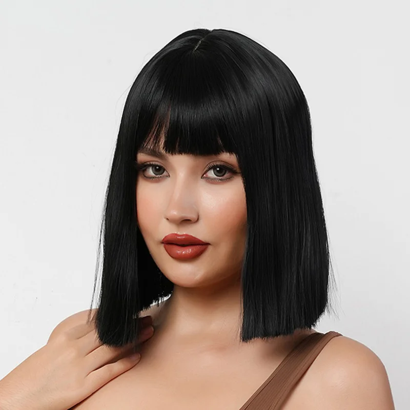 Wig for European and American Women, Bob Cut with Bangs, Black Short Straight Hair, Synthetic Fiber Wig
Wig for European and American Women, Bob Cut with Bangs, Black Short Straight Hair, Synthetic Fiber Wig