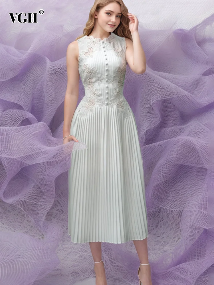 VGH Elegant Solid Patchwork Embroidery Dresses For Women Round Neck Sleeveless High Waist Spliced Button Dress Female Fashion
VGH Elegant Solid Patchwork Embroidery Dresses For Women Round Neck Sleeveless High Waist Spliced Button Dress Female Fashion